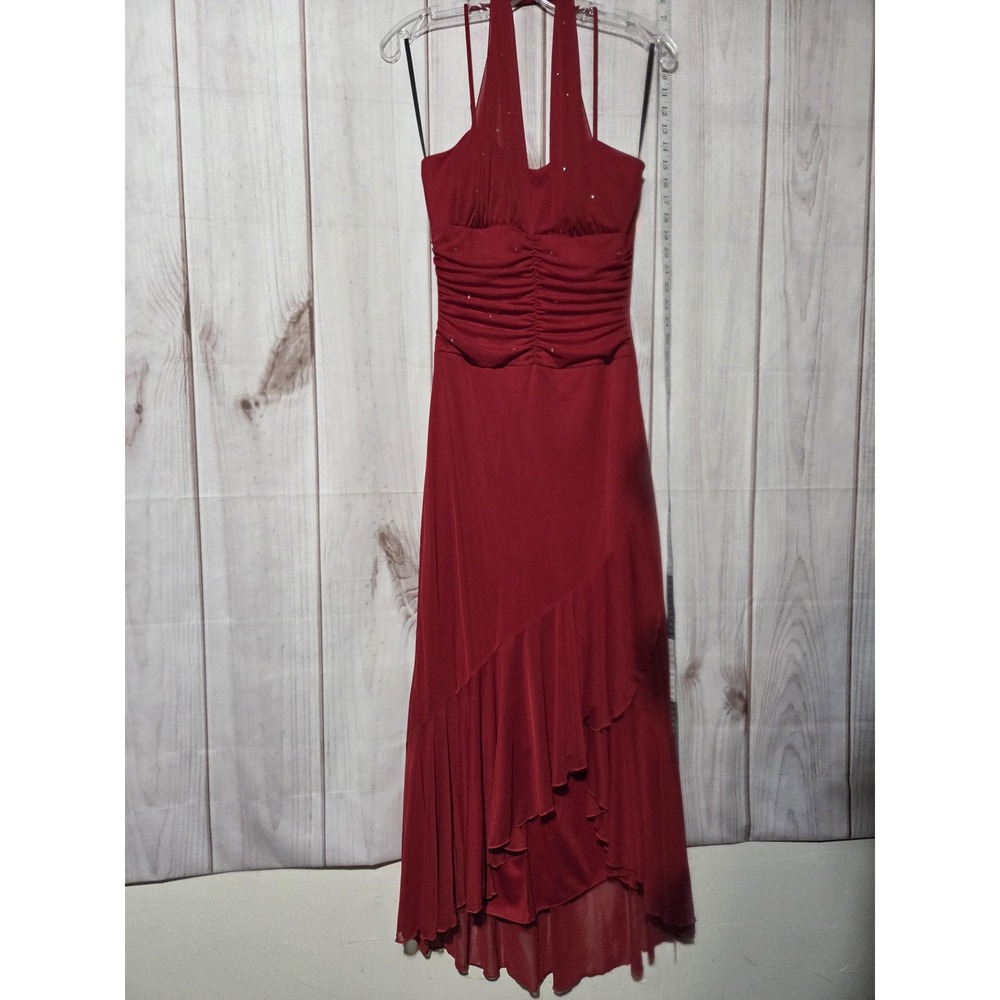 Taboo Dress Womens Medium Red Halter Ruched Asymmetrical Ruffle Formal Gown USA